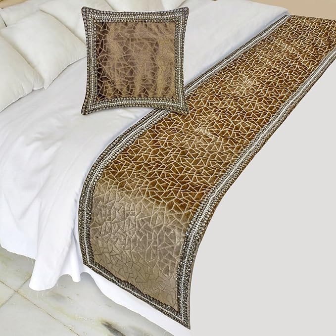 The HomeCentric King/Queen/Twin Brown Decorative Bed Runner King 90"x18" Bed Runner with One Pillow Cover, Border, Crystal, Cut Velvet, Mosiac Pattern Bed Scarf on Velvet Fabric - Velvet Fusion