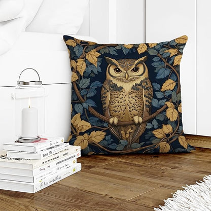 YOU FOUND ME William Morris Abstract Vintage Floral Velvet Butterfly Design Throw Pillow Covers Home Decor, Retro Art Deco Pillowcase Cushion Cover for Bed Sofa Living Room, Square 18x18inch (Owl)