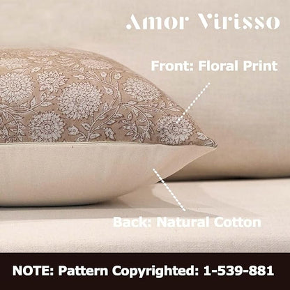 Amor Virisso Floral Pillow Covers 18x18 Throw Pillow Covers Vintage Block Print Pillow Cover Neutral Couch Pillows for Living Room Farmhouse Decorative Accent Sofa Pillows, Light Camel