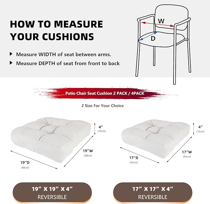 RACE LEAF Patio Chair Cushions 17x17 Inch 4 Pack, Memory Foam Outdoor Seat Cushions Water Resistant with Non-Slip Backing & Tufted Design (Beige)