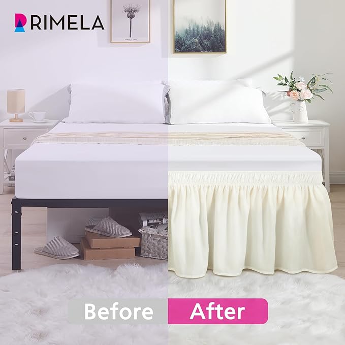 RIMELA Cream Bed Skirt King Size 12 Inch Drop, Wrap Around Elastic Adjustable Bedskirt, Soft Durable Fabric Machine Washable Easy to Install Bed skirting Dust Ruffle for Bed Frame & Box Spring