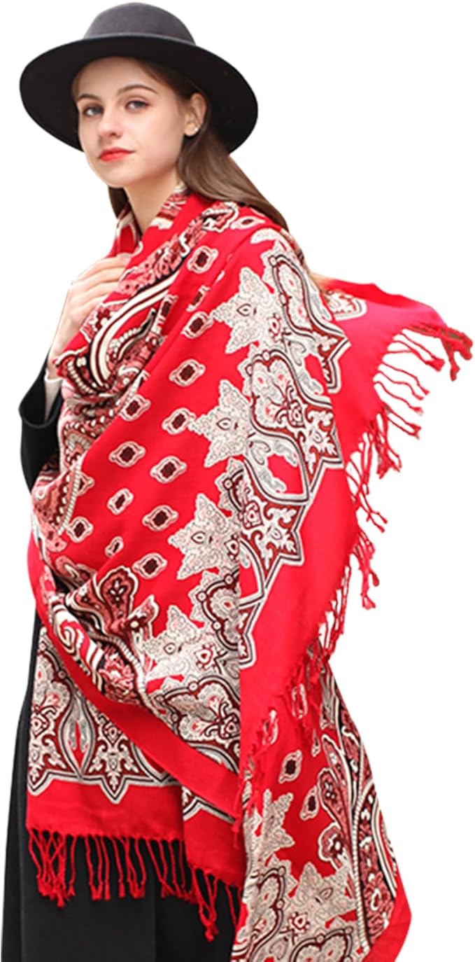 DANA XU 100% Merino Wool Extra Large Pashmina Blanket Travel Scarf Cashmere Wrap for Women Fall Winter Oversize Shawl Floral