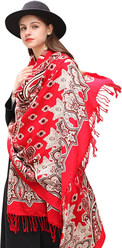 DANA XU 100% Merino Wool Extra Large Pashmina Blanket Travel Scarf Cashmere Wrap for Women Fall Winter Oversize Shawl Floral