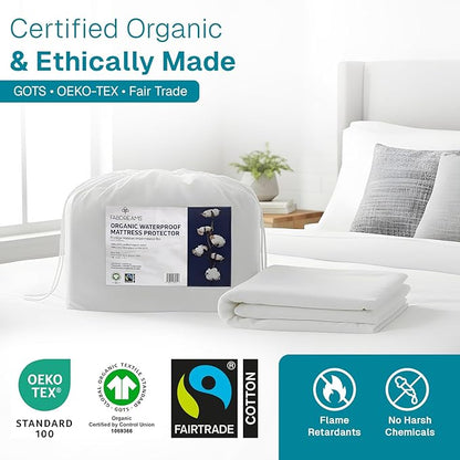 Fabdreams Organic Twin Size Waterproof Mattress Protector, 39" x 77", White, Temperature Regulating, Breathable, 100% Organic Cotton