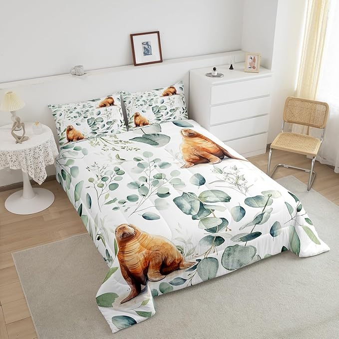 Erosebridal Cartoon Seal King Comforter Set Toddler Ocean Wildlife Bedding Set King, Spring Plant Bedding Comforter Sets Eucalyptus Leaf Duvet Set, Sea Animal Theme Quilted Comforter Kids Room Decor