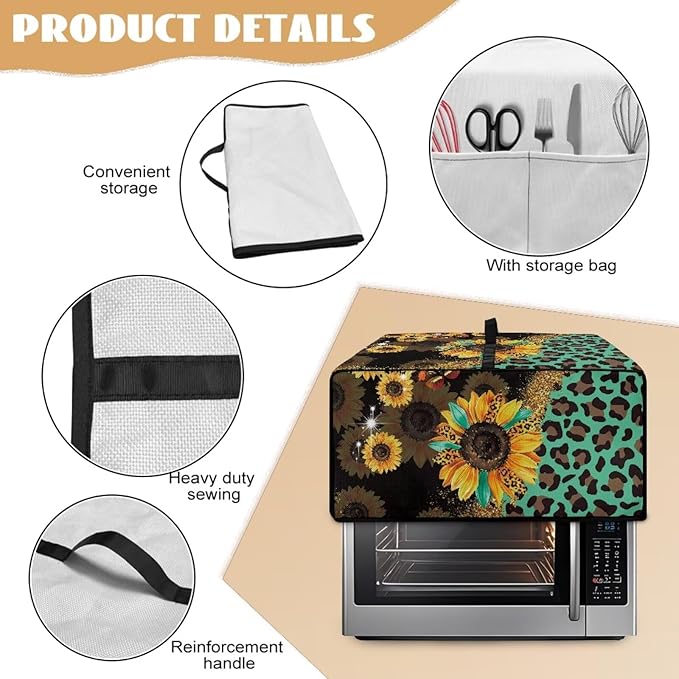 Toaster Oven Protective Cover with Side Pockets, Dustproof Smart Microwave Oven Protector for Kitchen Countertop, M, 16.5 x 20.5 x 10 Inches, Sunflower Leopard Print