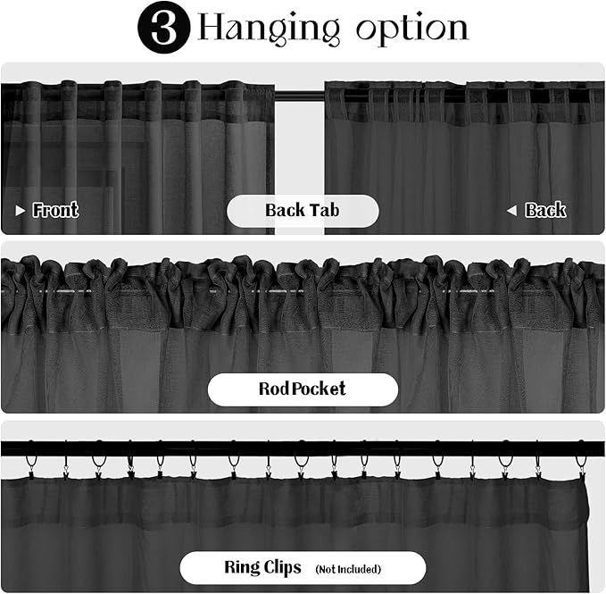 Dreaming Casa Black Sheer Curtains 204 Inches Long, Rod Pocket & Back Tab Light Filtering Textured Sheers for Living Room Bedroom, 2 Panels, Each 52" W x 204" L
