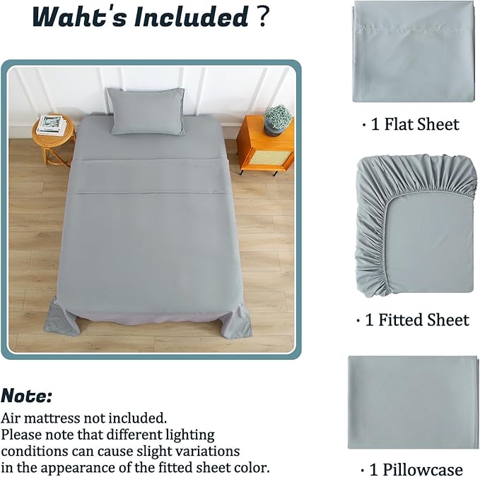 Extra Deep Pocket Twin Sheet Set for Air Mattress, 3 Piece Air Bed Sheets Set with 18-24 Inches Depth, Soft & Breathable Inflatable Bed Sheet Set with Flat Sheet, Fitted Sheet and Pillowcase, Grey