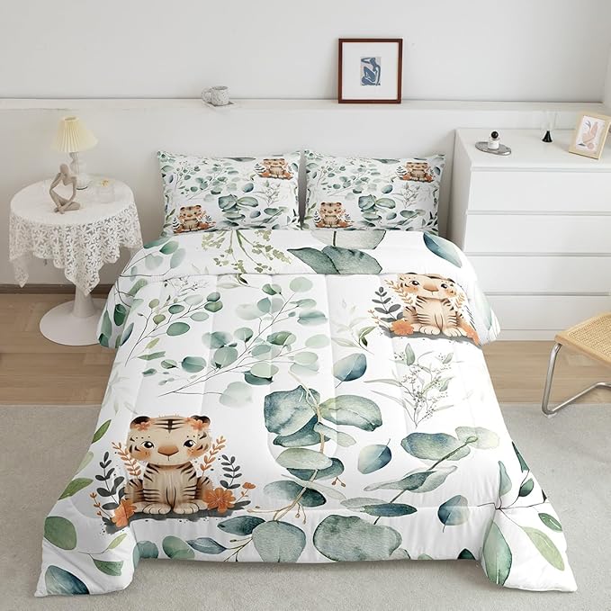 Erosebridal Kids Cute Animal Bedding King Size for Girls Boys Cartoon Tiger Comforter Set King, Spring Eucalyptus Duvet Insert Leaves Quilt Set, Kawaii Jungle Animal Bedding Comforters & Sets