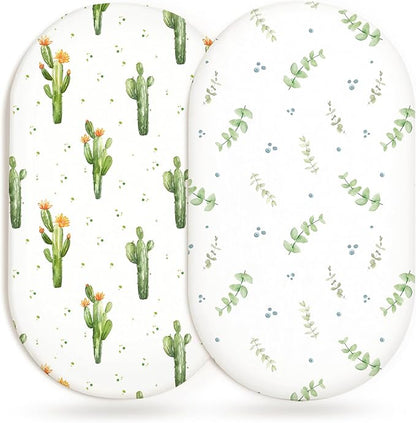 Bassinet Sheets for Baby Girls Boys 2 Pack, Fitted Baby Mattress Sheet for Rectangle, Oval, Hourglass Bassinet Mattress, Breathable Cozy & Universal Fit (Desert Green)