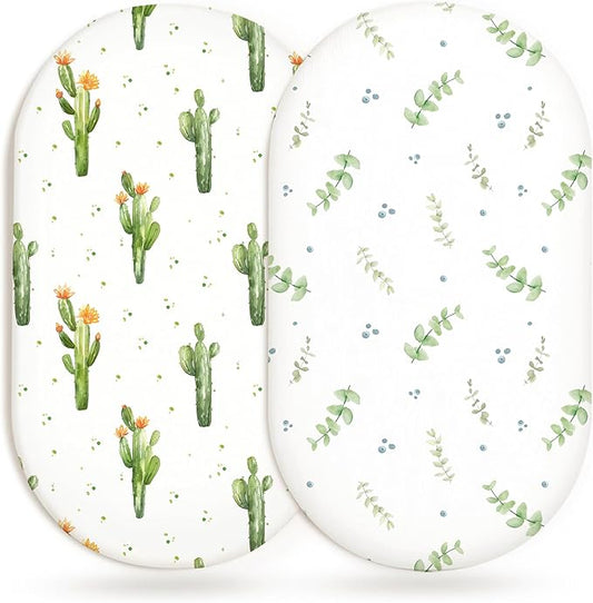 Bassinet Sheets for Baby Girls Boys 2 Pack, Fitted Baby Mattress Sheet for Rectangle, Oval, Hourglass Bassinet Mattress, Breathable Cozy & Universal Fit (Desert Green)