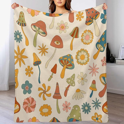 70s Mushroom Throw Blanket, Retro 60s Groovy Mushroom Boho Hippie Flowers Print Blanket for Kids Baby Bedroom Sofa Holiday Decor 30"x40"
