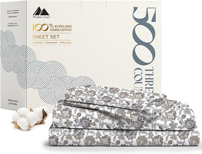 Mayfair Linen 100% Cotton Printed Bed Sheets Queen Size Set - 500 Thread Count Cotton Sheets for Queen Size Bed, 4 PC Set (Floral Ivory), Soft, Cooling, Sateen Hotel Quality 16" Deep Pocket Bedsheet