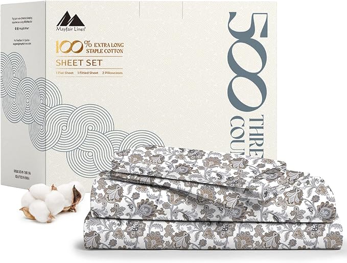 Mayfair Linen 100% Cotton Printed Bed Sheets Twin Size Set - 500 Thread Count Cotton Twin XL Sheets for Dorm Room, 3 PC Set (Floral Ivory), Soft, Cooling, Sateen Weave 16" Deep Pocket Bedsheet