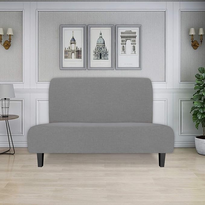 Easy-Going Stretch Futon Slipcover Armless Futon Bed Cover Furniture Protector Without Armrests with Elastic Bottom for Kids, Soft Jacquard Fabric Small Checks (Medium, Light Gray)