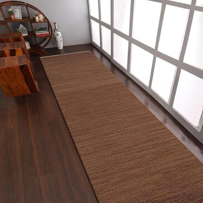 Rugsotic Carpets Hand Woven Flat Weave Kilim Wool ECO-Friendly Area Rugs - 2'6"x8', Runner Shape, Light Brown Color, Solid Plain Design, Low Pile Handmade Rugs for Living Room, Bed Room (D00111)