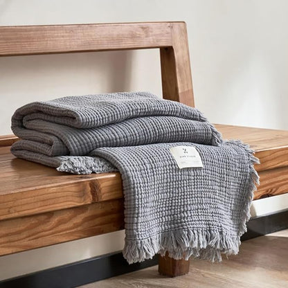 MorroMorn 100% Cotton Muslin Blanket with Fringes Twin Size 60"x80", 4-Layer Gauze Blankets for Adults, Boho Bedding Breathable Lightweight Ultra-Soft for Couch Bed All Seasons, Grey