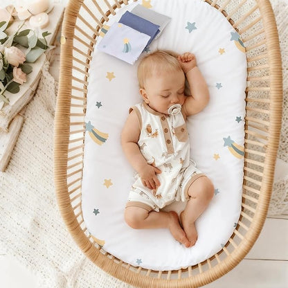 3 Pack Stretchy Bassinet Sheets - Universal Fit for Rectangle, Round, Oval, Hourglass Cradles & Moses Baskets - Soft Breathable Fitted Bassinet Sheets Set for Baby - Blue & Grey Star