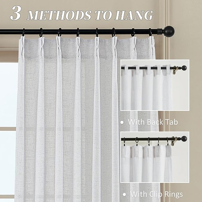 MASWOND Extra Long White Pinch Pleat Linen Curtains 120 Inches Long 2 Panels for Living Room Semi Sheer Pleated Back Tab 2 Story Drapes Light Filtering Curtain with Hooks for Dining Room W38xL120