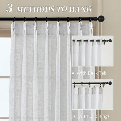 MASWOND Extra Long White Pinch Pleat Linen Curtains 120 Inches Long 2 Panels for Living Room Semi Sheer Pleated Back Tab 2 Story Drapes Light Filtering Curtain with Hooks for Dining Room W38xL120