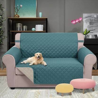 U-NICE HOME Loveseat Sofa Cover Reversible Couch Cover for Dogs with Elastic Straps Water Resistant Furniture Protector for Pets Couch Cover for 2 Cushion Couch (Loveseat, Blue/Beige)