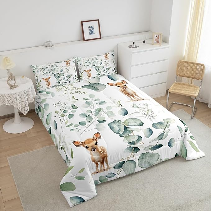 Erosebridal Cartoon Deer Twin Size Comforter Set Toddler Woodland Wildlife Bedding Set, Spring Plant Down Comforter Eucalyptus Leaf Bed Set, Jungle Animal Theme Quilted Duvet Kids Room Decor