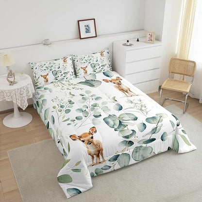 Erosebridal Cartoon Deer Twin Size Comforter Set Toddler Woodland Wildlife Bedding Set, Spring Plant Down Comforter Eucalyptus Leaf Bed Set, Jungle Animal Theme Quilted Duvet Kids Room Decor