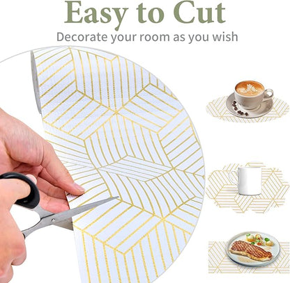 Shelf Liners for Kitchen Cabinets 12in x 40FT, Non Adhesive Cabinet Liner Strong Non-Slip Thickened Gold Geometric Drawer Liner, Easy to Clean for Shelf, Cabinet with Knife and Tape Measure