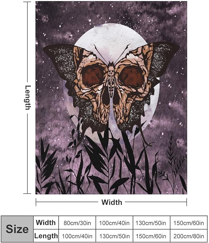 Death Moth Blanket, Boho Gothic Skull Moth Purple Starry Plant Full Moon Mysterious Witchy Throw Blanket for Couch Sofa Office Bed Travelling Bed Throws, 50"x60"