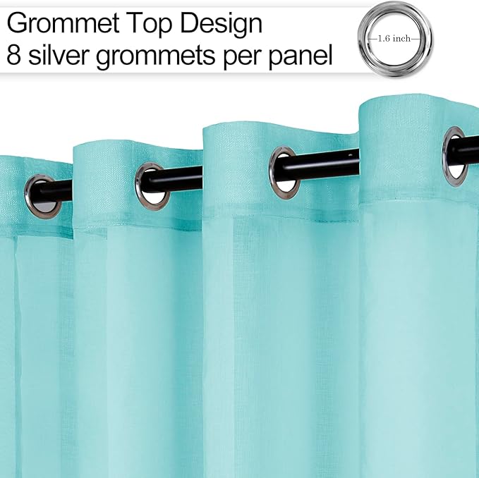 XWZO Mint Green Sheer Curtains with Tiebacks, Light Filtering Semi Transparent Voile Drapes Grommet Top Window Curtains for Bedroom, Living Room, Office, Study, W52 x L84, Set of 2 Panels