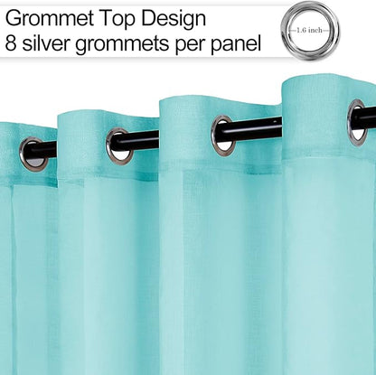 XWZO Sheer Curtains, Soft & Lightweight Faux Linen Grommet Window Curtains for Short Windows, Living Room, Kids' Room, Kitchen with Tiebacks, Mint Green, 52 x 54 Inches Length Set of 2 Panels