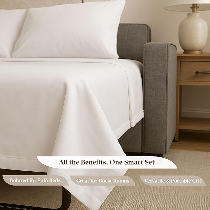 Sleeper Sofa Bed Sheet Set - Full Size 4 PC's Sheet Set Sofa Bed Sheets - 100% Cotton 400 Thread Count Sofa Sheets - Sleeper Sofa Sheets - Fits Mattresses Up to 6" Drop - White