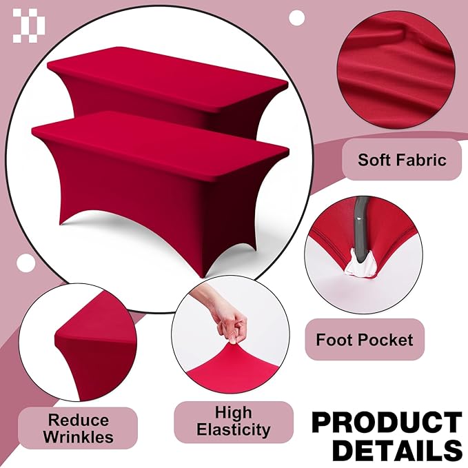 Trlyc 2 Pack 6FT Spandex Table Cloth - 72 x 30 Inch Rectangular Stretch Tablecloth, Wrinkle Resistant Scretch Table Cover for Wedding, Party, Banquet, Picnic, Outdoor Decoration (2Pcs,Burgundy)