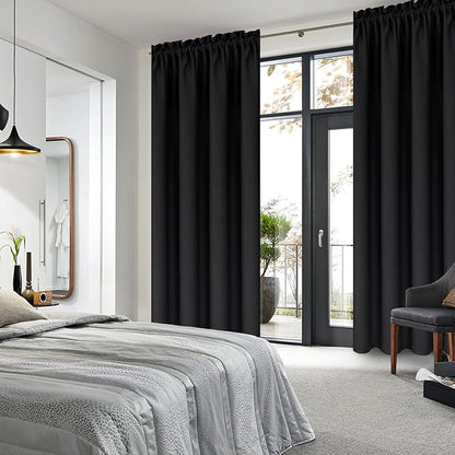 DWCN Blackout Curtains Thermal Insulated Energy Saving Bedroom and Kitchen Curtains Window Treatments, W 38 x L 45 Inch, Set of 2 Black Rod Pocket Drapes