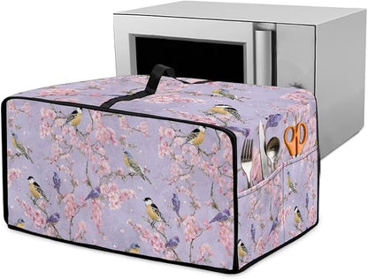 Dust-Proof Microwave Oven Grill Cover Protector Cherry Blossom Robin Bird Print Polyester-Linen Fabric Toaster Oven Dust Cover with Storage Bags Case Protections for Microwave Oven, S