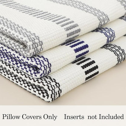 Smile Bee Boho Outdoor Couch Throw Pillow Covers Set of 2, Decorative Lumbar Thick Woven Striped Accent Neutral Pillow Covers with Tassels for Bed Sofa Home Decor, 12x20 Inch, Black and Cream White