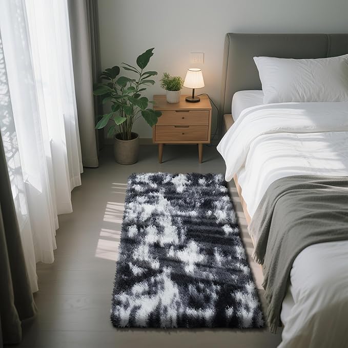 Soft Runner Rugs for Bedroom, Mottling Black 3x7 Area Rugs Fluffy Rug Shaggy Area Rug Carpet, Bedside Rug for Living Room Bedroom Kids Room Home Decor