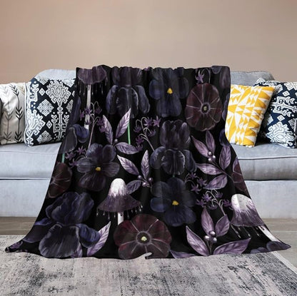 Gothic Floral Blanket, Vintage Abstract Black Purple Peony Flowers Mushroom Print Throw Blanket for Room Bedding Couch Decor Soft Lightweight Warm Cozy, 40"x50"