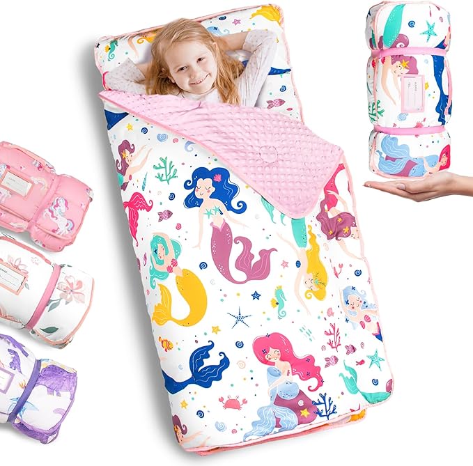 Primlect Thickened Toddler Nap Mat with Removable Pillow and Minky Blanket, Extra Large 55''x35'' Sleeping Bag, Washable, Roll up, Perfect for Daycare, Preschool, Kindergarten, Boys and Girls Mermaid
