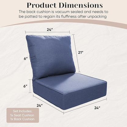 Luxury Outdoor Seat Cushion Set-24 x 24 x 6 Inch Outdoor Chair Cushions Set of 2 with Water Resistant & Removable Cover Outdoor Cushions for Patio Furniture Chair Sofa Couch