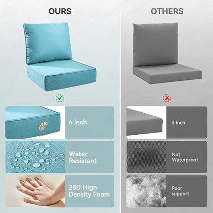 Luxury 6" Outdoor Cushions for Patio Furniture, 24x24x6" Thick Seat Cushion Set of 8, Fade Resistant Couch Chair Replacement Cushions High Density Deep Wicker Chair Cushion w/ Removable Cover, Teal