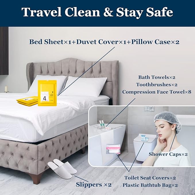 Extguds Disposable Travel Set: Bed Sheet×1+Duvet Cover×1+Pillow case×2+Bath Towels×2+Shower Caps×2+Plastic Bathtub Bag×2+Toilet Seat Covers×2+Compression face Towel×8+Toothbrushes×2+Slippers×2