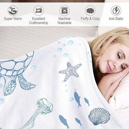 Nautical Turtle Throw Blanket, Coastal Sea Ocean Theme Coral Starfish Seashell Jellyfish Undersea Life Fleece Blanket for Summer Home Bed Sofa Couch Chair, 50"x60"