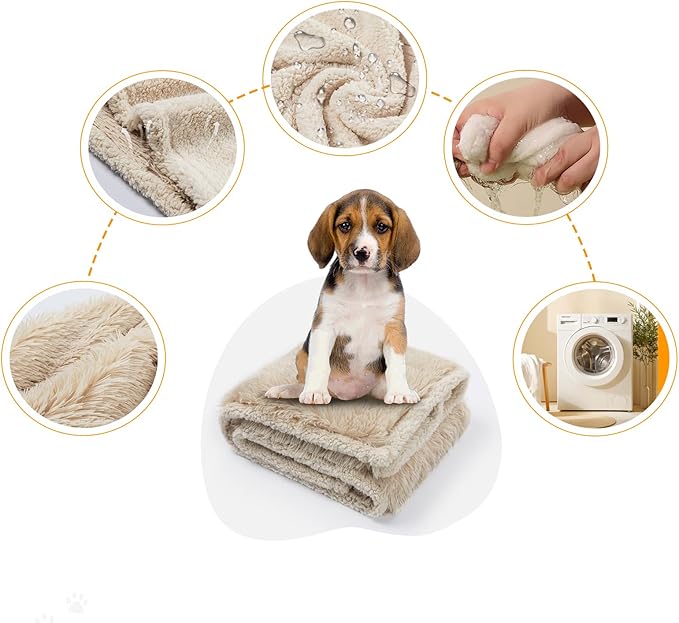 Waterproof Dog Couch Throw Blanket Beige Calming Cat Blankets for Sofa Bed Cover Fluffy Long Faux Fur Dogs Love Bed Covers Washable(Beige,XS-28x20in)