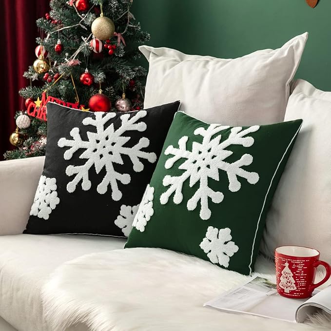 MIULEE Pack of 2 Christmas Decorative Snowflake Throw Pillow Covers Canvas Embroidery Winter Cushion Cases Holiday Decor Soft Pillowcases for Winter Couch Sofa Bedroom Car（Dark Green, 18x18in）