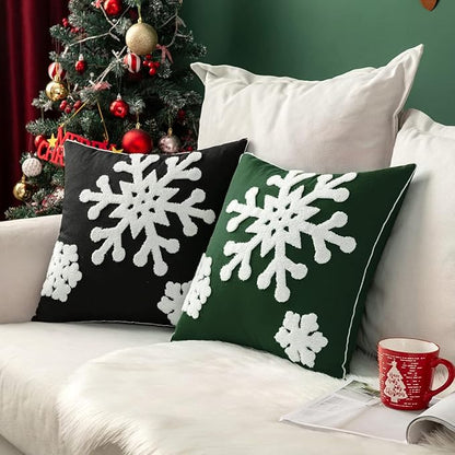 MIULEE Pack of 2 Christmas Decorative Snowflake Throw Pillow Covers Canvas Embroidery Winter Cushion Cases Holiday Decor Soft Pillowcases for Winter Couch Sofa Bedroom Car（Dark Green, 18x18in）