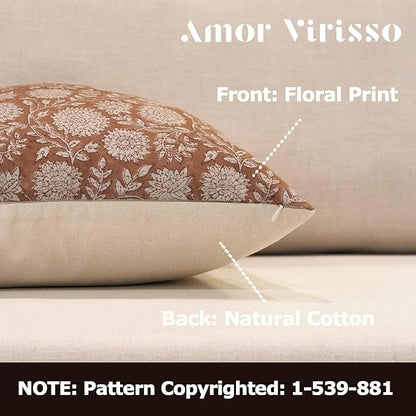Amor Virisso Floral Throw Pillow Covers 20x20 Block Print Pillow Covers Vintage Neutral Couch Pillows for Living Room Farmhouse Decorative Accent Sofa Pillows, Brownish Orange
