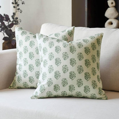 DOMVITUS Set of 2 Floral Pillow Covers 20x20, Block Print Pillow Covers Vintage Neutral Decorative Farmhouse Throw Pillow Covers for Couch Bed Living Room Sage Green