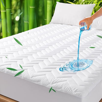 Unilibra Cal King Size Waterproof Mattress Pad Rayon Made from Bamboo, Quilted Breathable Mattress Protector, 6''-25'' Deep Pocket Fitted Mattress Cover White
