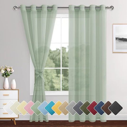 XWZO Sheer Curtains for Bedroom, Light & Airy, Grommet Top Light Filtering Window Curtains for Living Room, Sliding Glass Door, Bean Green with Tiebacks, Set of 2 Panels, 52 x 90 Inches Long